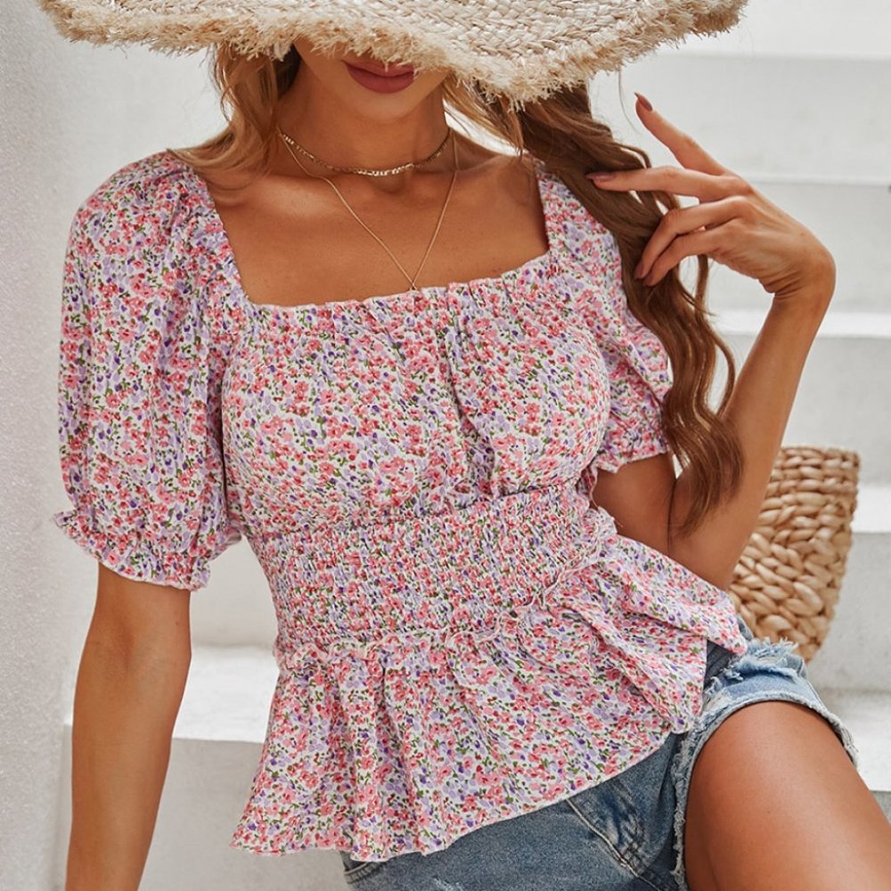 Ditsy Floral Smocked Flounce Sleeve Peplum Blouse